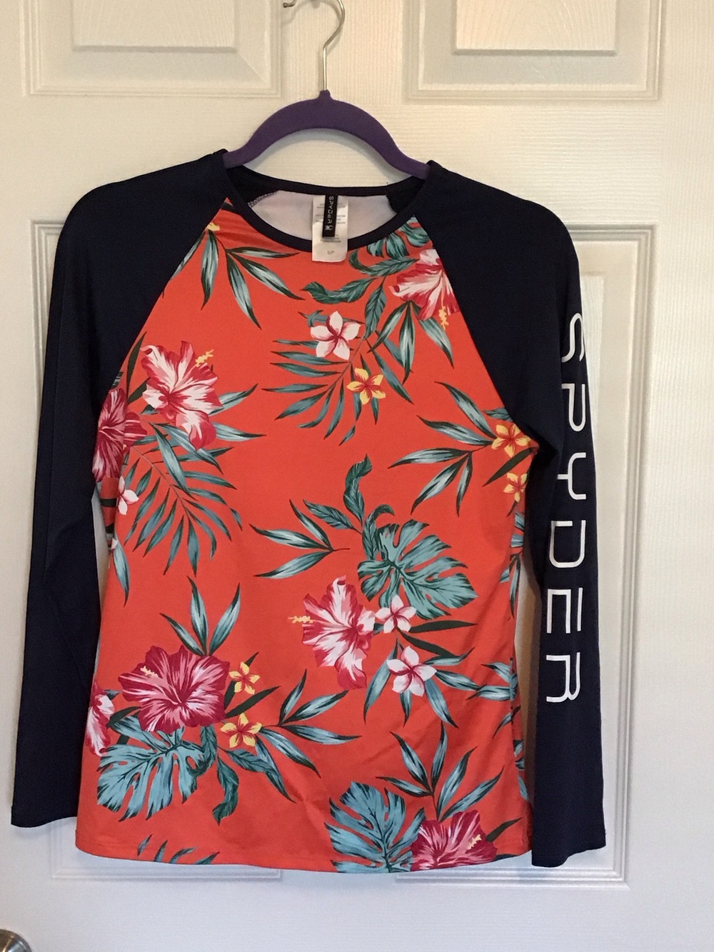 Spyder Coral Floral Rash Guard with Navy Sleeves